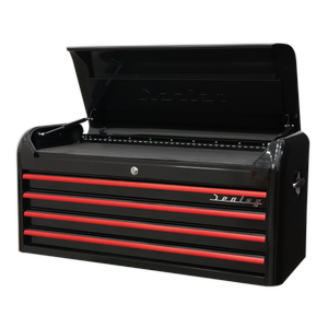 Topchest 4 Drawer Wide Retro Style - Black with Red Anodised Drawer Pulls - AP41104BR - Farming Parts