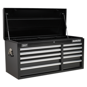 The Sealey Topchest 10 Drawer with Ball-Bearing Slides Heavy-Duty - Black (AP41110B) features a top lid that opens to reveal multiple compartments and several heavy-duty drawers below. This steel construction toolbox includes a reliable locking mechanism to keep your tools secure.