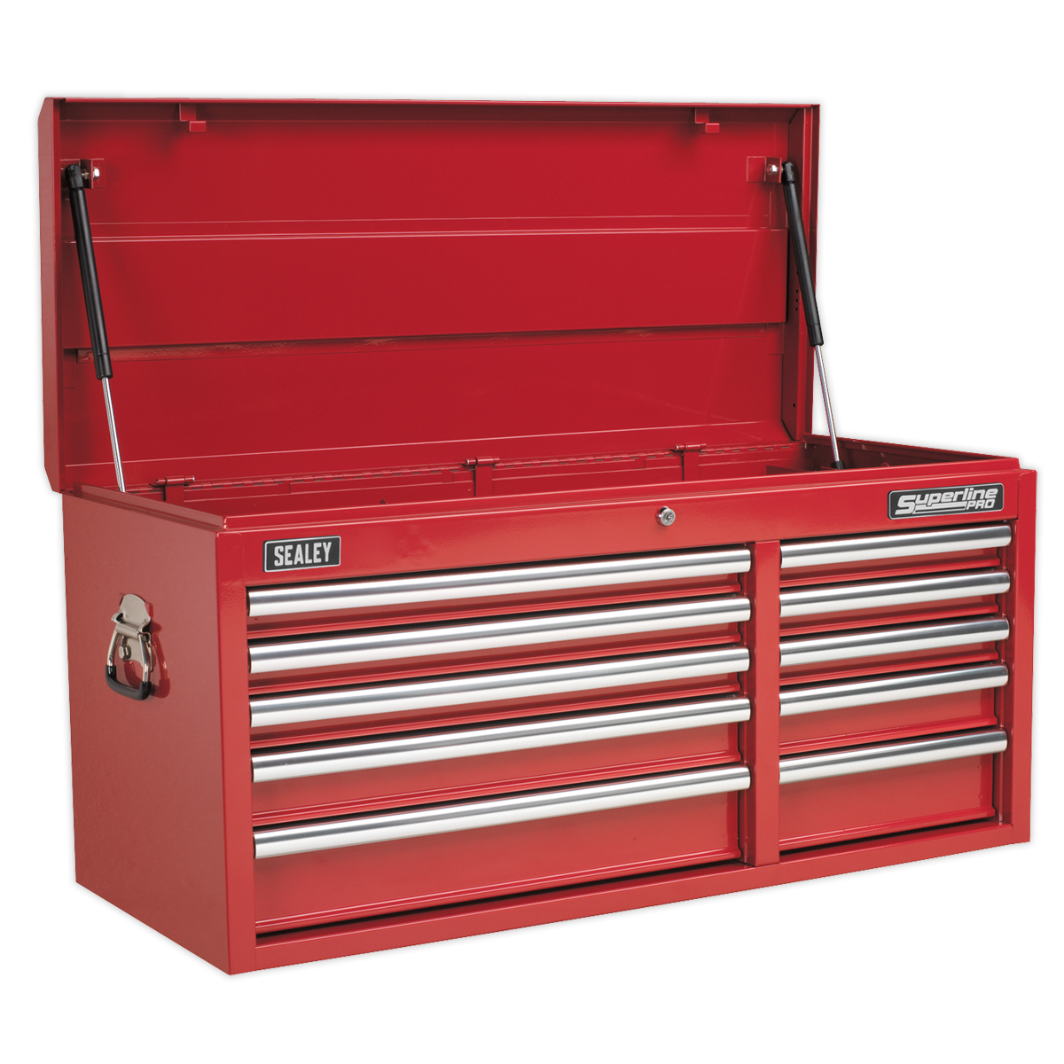 The Sealey Topchest 10 Drawer with Ball-Bearing Slides Heavy-Duty - Red (AP41110) is shown with several drawers partially open, the lid raised, and visible "Sealey" and "Superline" labels on the front. It features heavy-duty drawer slides for smooth operation.