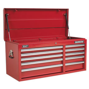 The Sealey Topchest 10 Drawer with Ball-Bearing Slides Heavy-Duty - Red (AP41110) is shown with several drawers partially open, the lid raised, and visible "Sealey" and "Superline" labels on the front. It features heavy-duty drawer slides for smooth operation.