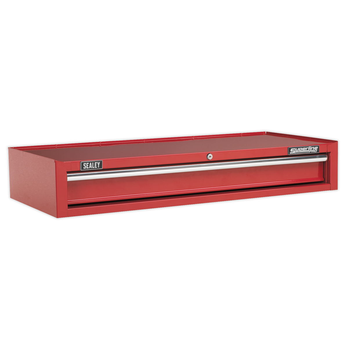 The Sealey Mid-Box 1 Drawer tool chest, model AP41119, features a durable red powder coat paint finish with one pull-out drawer supported by heavy-duty ball-bearing slides and a central locking mechanism. It is labeled "Superline" on the right side.