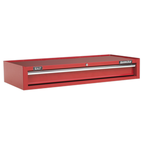 The Sealey Mid-Box 1 Drawer tool chest, model AP41119, features a durable red powder coat paint finish with one pull-out drawer supported by heavy-duty ball-bearing slides and a central locking mechanism. It is labeled "Superline" on the right side.