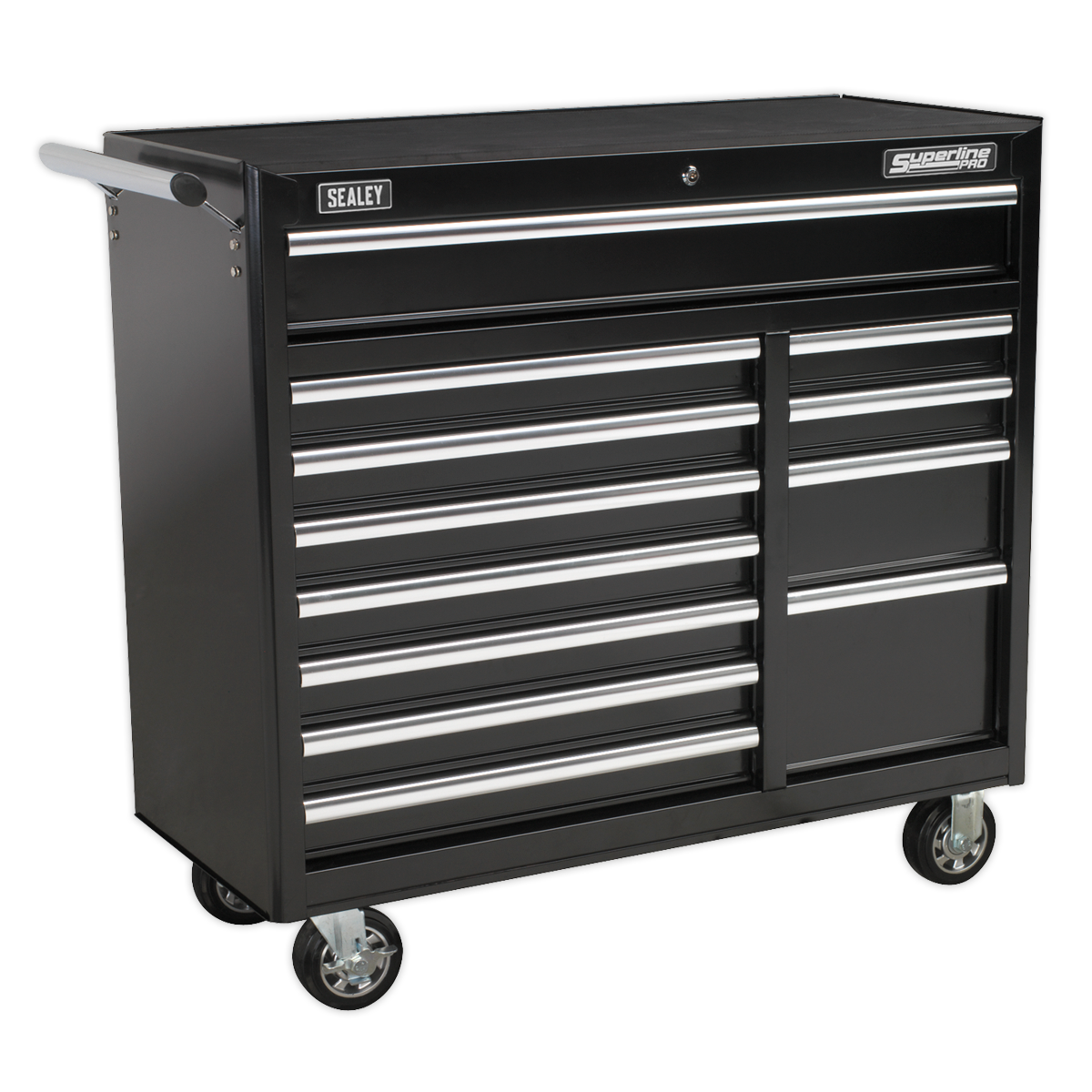 Introducing the Sealey Rollcab 12 Drawer with Ball-Bearing Slides Heavy-Duty - Black (AP41120B), a robust tool chest featuring multiple drawers with silver handles and ball-bearing slides. It also includes a powder coat paint finish, a side-mounted handle bar, and four caster wheels for effortless mobility.