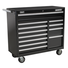 Introducing the Sealey Rollcab 12 Drawer with Ball-Bearing Slides Heavy-Duty - Black (AP41120B), a robust tool chest featuring multiple drawers with silver handles and ball-bearing slides. It also includes a powder coat paint finish, a side-mounted handle bar, and four caster wheels for effortless mobility.