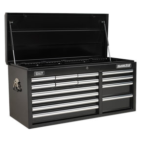 The Sealey Topchest 14 Drawer with Ball-Bearing Slides Heavy-Duty in Black (AP41149B) features multiple drawers, an open top, side handles marked "Superline Pro," steel construction, heavy-duty ball-bearing drawer slides for smooth operation, and a secure locking mechanism.