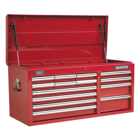 A red tool chest with an open lid, featuring multiple drawers and compartments for storage. The brand name "Sealey" is visible, along with the model "Topchest 14 Drawer with Ball-Bearing Slides Heavy-Duty - Red - AP41149." Crafted with steel construction and a durable powder coat paint finish, it boasts heavy-duty ball-bearing drawer slides for seamless access.