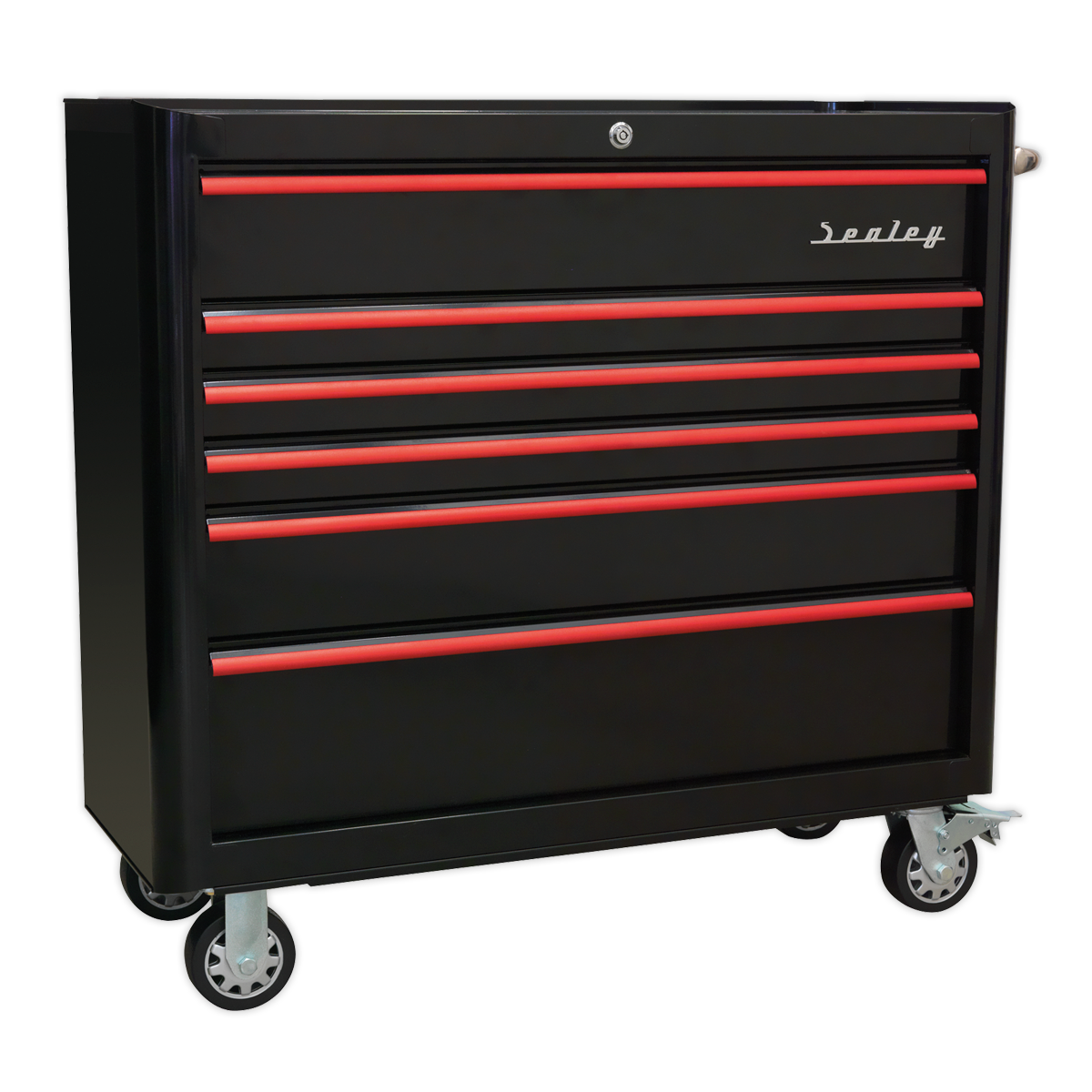 Rollcab 6 Drawer Wide Retro Style - Black with Red Anodised Drawer Pulls - AP41206BR - Farming Parts