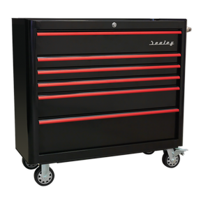 Rollcab 6 Drawer Wide Retro Style - Black with Red Anodised Drawer Pulls - AP41206BR - Farming Parts
