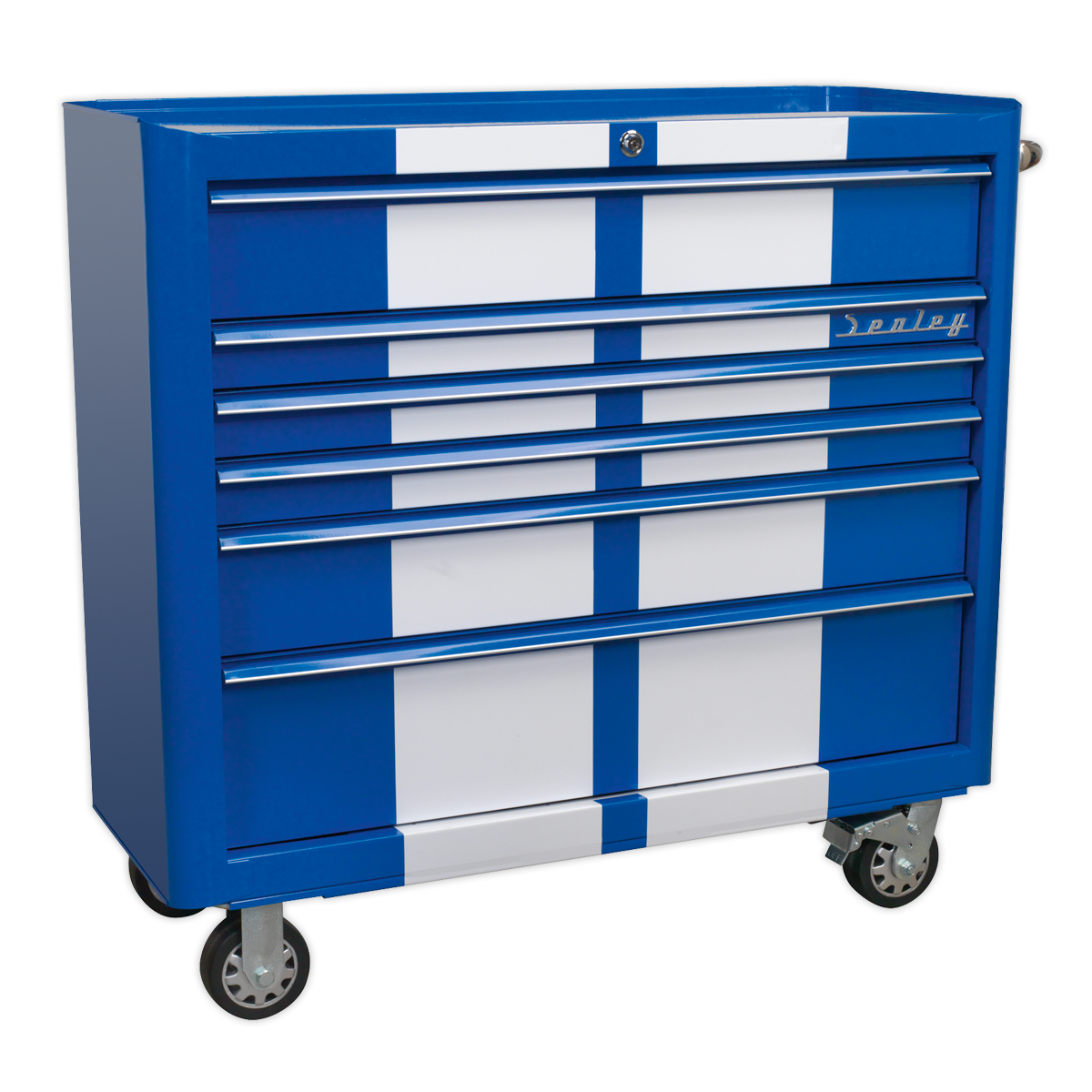 Rollcab 6 Drawer Wide Retro Style - Blue with White Stripes - AP41206BWS - Farming Parts