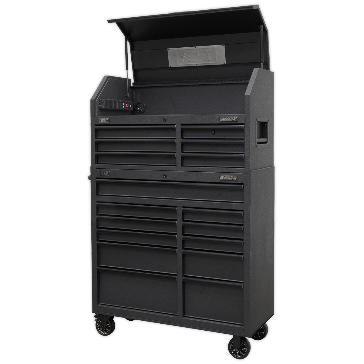 Introducing the Sealey Tool Chest 17 Drawer Combination Soft Close Drawers with Power Strip - AP41BESTACK: a sleek black, wheeled tool chest featuring multiple drawers with soft-close heavy-duty drawer slides and an upper storage compartment with a hinged lid. The durable steel construction ensures longevity and reliability for all your storage needs.