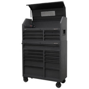 Introducing the Sealey Tool Chest 17 Drawer Combination Soft Close Drawers with Power Strip - AP41BESTACK: a sleek black, wheeled tool chest featuring multiple drawers with soft-close heavy-duty drawer slides and an upper storage compartment with a hinged lid. The durable steel construction ensures longevity and reliability for all your storage needs.