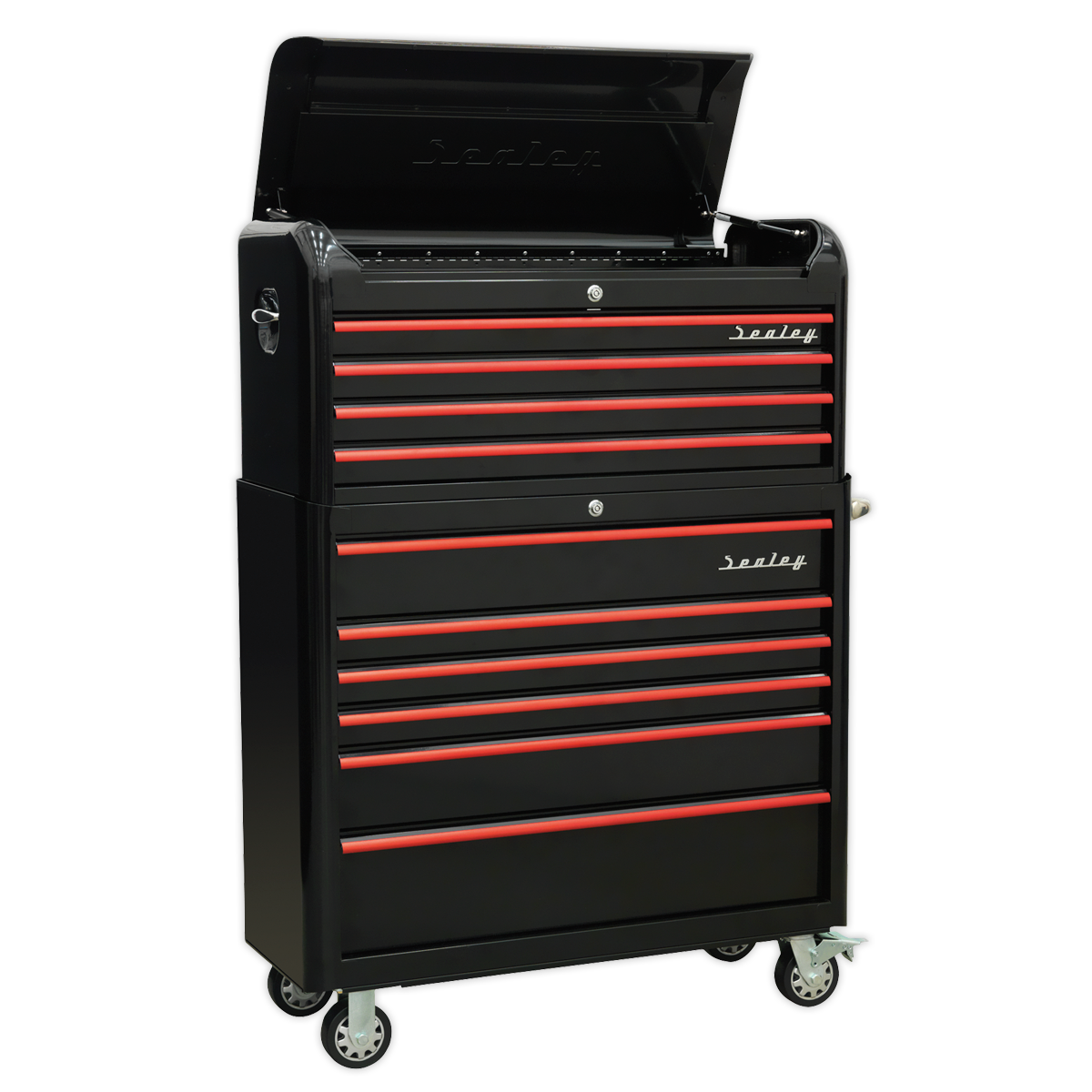 The Sealey Retro Style Extra-Wide Topchest & Rollcab Combination 10 Drawer-Black with Red Anodised Drawer Pull (AP41COMBOBR) is a black rolling tool chest with multiple drawers and red accents. The top lid is open, showcasing its retro-styled topchest. Equipped with side handles and heavy-duty castors for mobility, it also features ball-bearing drawer slides for smooth operation.