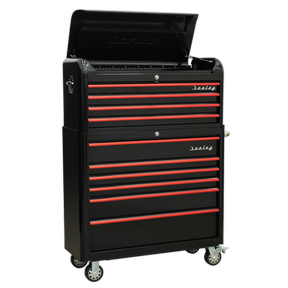 The Sealey Retro Style Extra-Wide Topchest & Rollcab Combination 10 Drawer-Black with Red Anodised Drawer Pull (AP41COMBOBR) is a black rolling tool chest with multiple drawers and red accents. The top lid is open, showcasing its retro-styled topchest. Equipped with side handles and heavy-duty castors for mobility, it also features ball-bearing drawer slides for smooth operation.