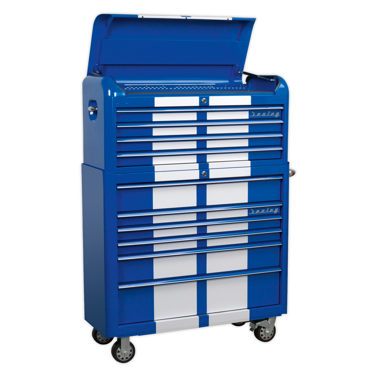 Introducing the Retro Style Extra-Wide Topchest & Rollcab Combination 10 Drawer by Sealey, model AP41COMBOBWS. This blue metal tool chest with white vertical stripes boasts multiple drawers equipped with ball-bearing slides. Mounted on heavy-duty castors, it features an open lid revealing a spacious storage compartment for all your organization needs.