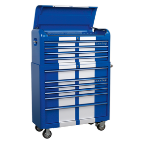 Introducing the Retro Style Extra-Wide Topchest & Rollcab Combination 10 Drawer by Sealey, model AP41COMBOBWS. This blue metal tool chest with white vertical stripes boasts multiple drawers equipped with ball-bearing slides. Mounted on heavy-duty castors, it features an open lid revealing a spacious storage compartment for all your organization needs.
