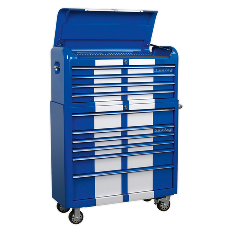 Retro Style Extra-Wide Topchest & Rollcab Combination 10 Drawer Blue/White Stripes - AP41COMBOBWS - Farming Parts