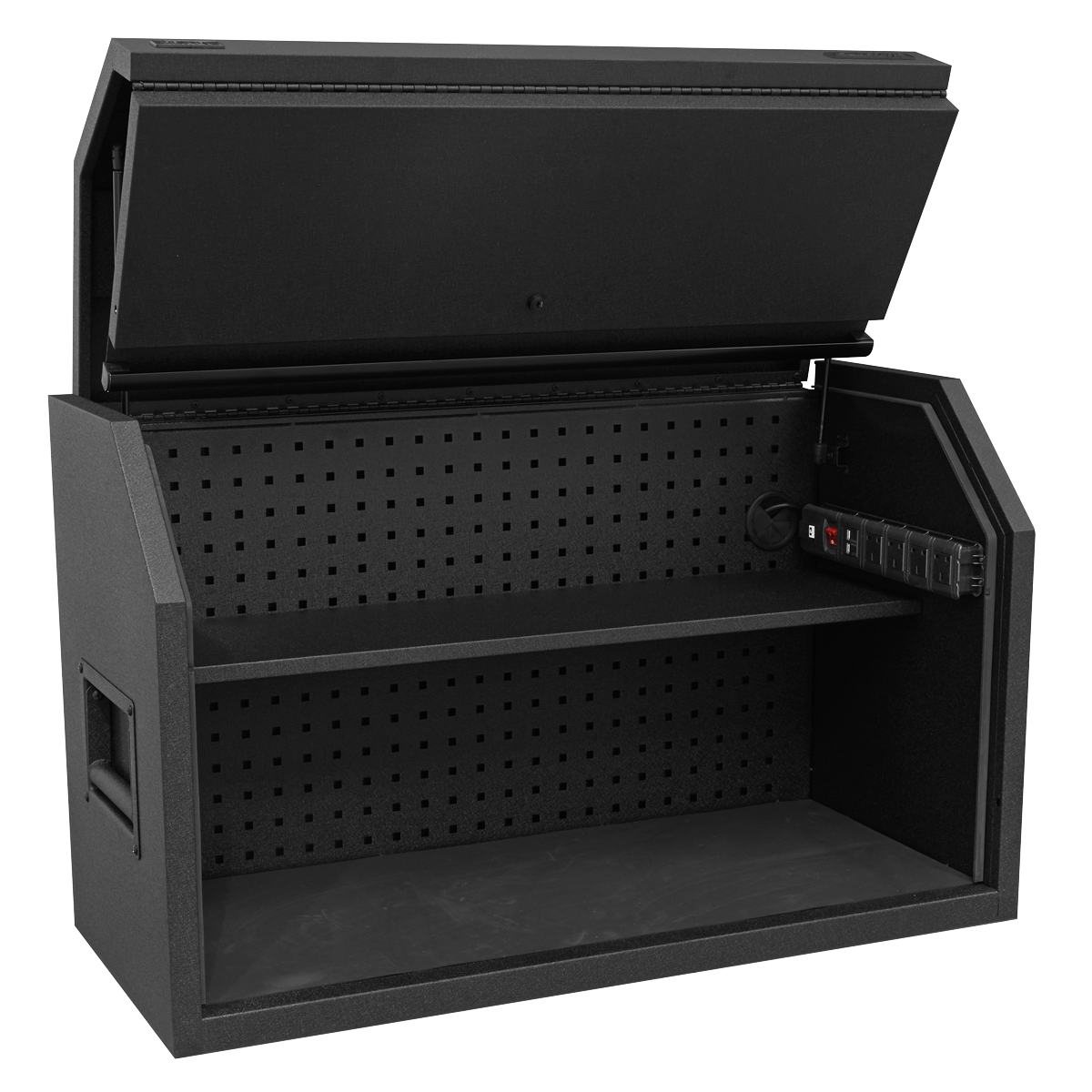 The Sealey Toolbox Hutch 1030mm with Power Strip - AP41HBE is a black, open tool storage cabinet featuring a pegboard back, a middle shelf, and built-in electrical outlets on the right side. Constructed from heavy gauged steel for enhanced durability, this hutch-style toolbox also includes a power strip for added convenience.