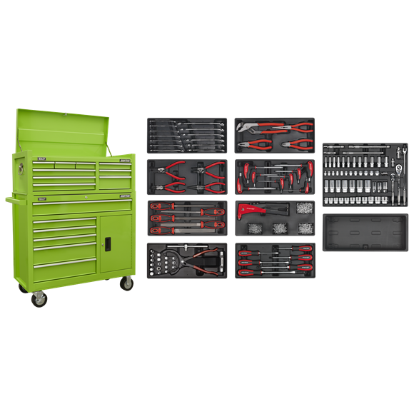 American PRO® Topchest & Rollcab Combination 15 Drawer with 117pc Tool Kit- Green - SE-AP41STACKHVCOMBO