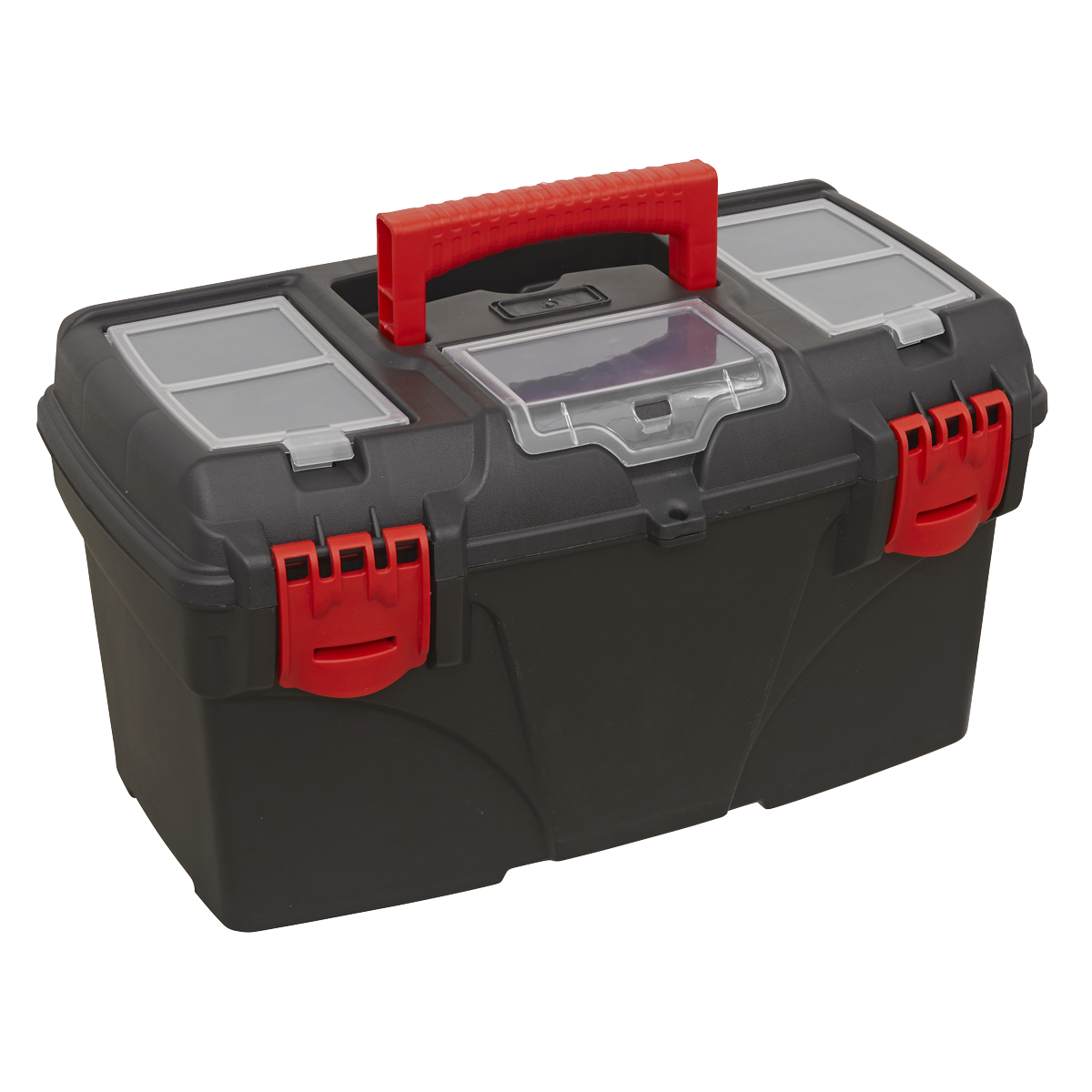 The Sealey Toolbox with Tote Tray 430mm - AP430 is a black plastic toolbox with a red handle and red latches, featuring multiple compartments on the top for additional storage, making it an ideal organizer for your hand tools.