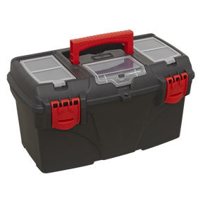 The Sealey Toolbox with Tote Tray 430mm - AP430 is a black plastic toolbox with a red handle and red latches, featuring multiple compartments on the top for additional storage, making it an ideal organizer for your hand tools.