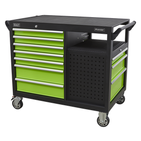 The Sealey Mobile Workstation 10 Drawer 1140mm - AP45MWS is a heavy-duty black and lime green rolling tool cabinet featuring 10 drawers with ball-bearing slides and a side pegboard. It is equipped with wheels for easy mobility and has a sturdy work surface on top.