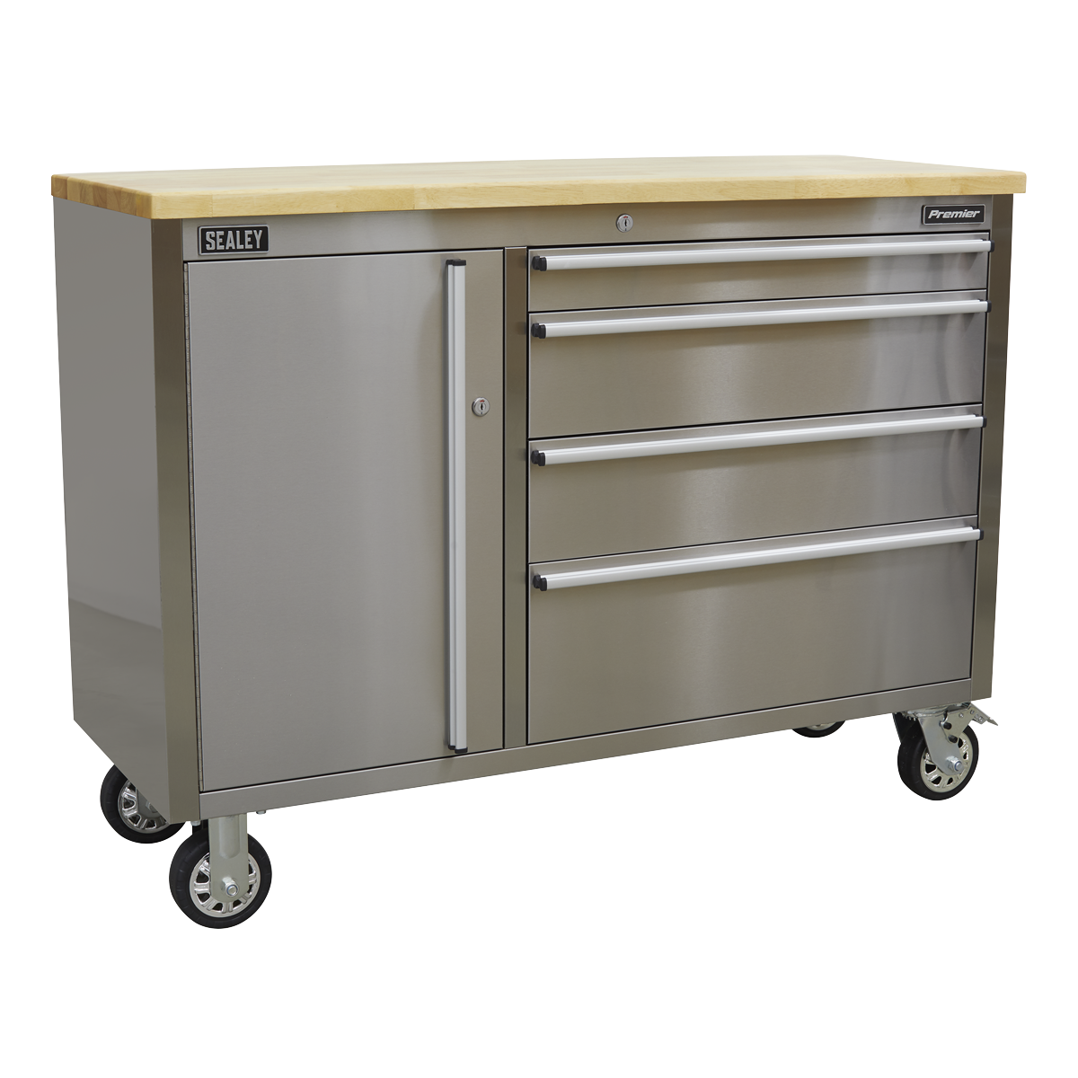 The Sealey Mobile Stainless Steel Tool Cabinet 4 Drawer - AP4804SS is a heavy-duty unit featuring an anti-fingerprint stainless steel construction and a durable wooden worktop. It includes four drawers and one cupboard door, all mounted on four caster wheels for effortless mobility.