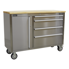 The Sealey Mobile Stainless Steel Tool Cabinet 4 Drawer - AP4804SS is a heavy-duty unit featuring an anti-fingerprint stainless steel construction and a durable wooden worktop. It includes four drawers and one cupboard door, all mounted on four caster wheels for effortless mobility.