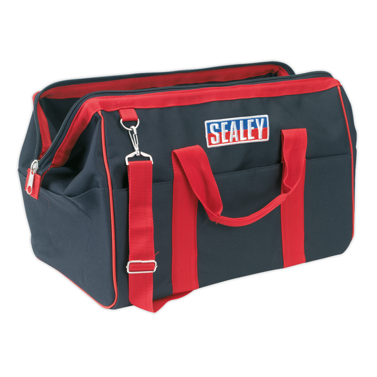 The "Tool Storage Bag 500mm - AP500" by Sealey is a black and red heavy-duty tool bag, featuring an adjustable shoulder strap, two handles, and twelve inner pockets with the "Sealey" logo on the front.