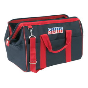 The "Tool Storage Bag 500mm - AP500" by Sealey is a black and red heavy-duty tool bag, featuring an adjustable shoulder strap, two handles, and twelve inner pockets with the "Sealey" logo on the front.
