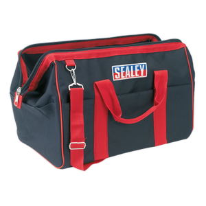 The "Tool Storage Bag 500mm - AP500" by Sealey is a black and red heavy-duty tool bag, featuring an adjustable shoulder strap, two handles, and twelve inner pockets with the "Sealey" logo on the front.