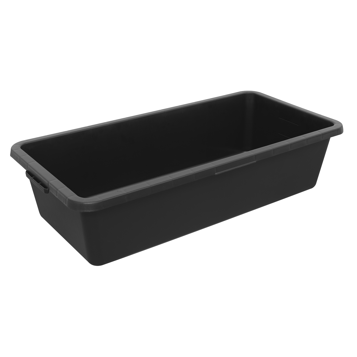 A black rectangular plastic storage bin with handles on each side, the Sealey Storage Container 40L - AP5040 is ideal for industrial or domestic use, shown on a white background.