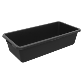 A black rectangular plastic storage bin with handles on each side, the Sealey Storage Container 40L - AP5040 is ideal for industrial or domestic use, shown on a white background.