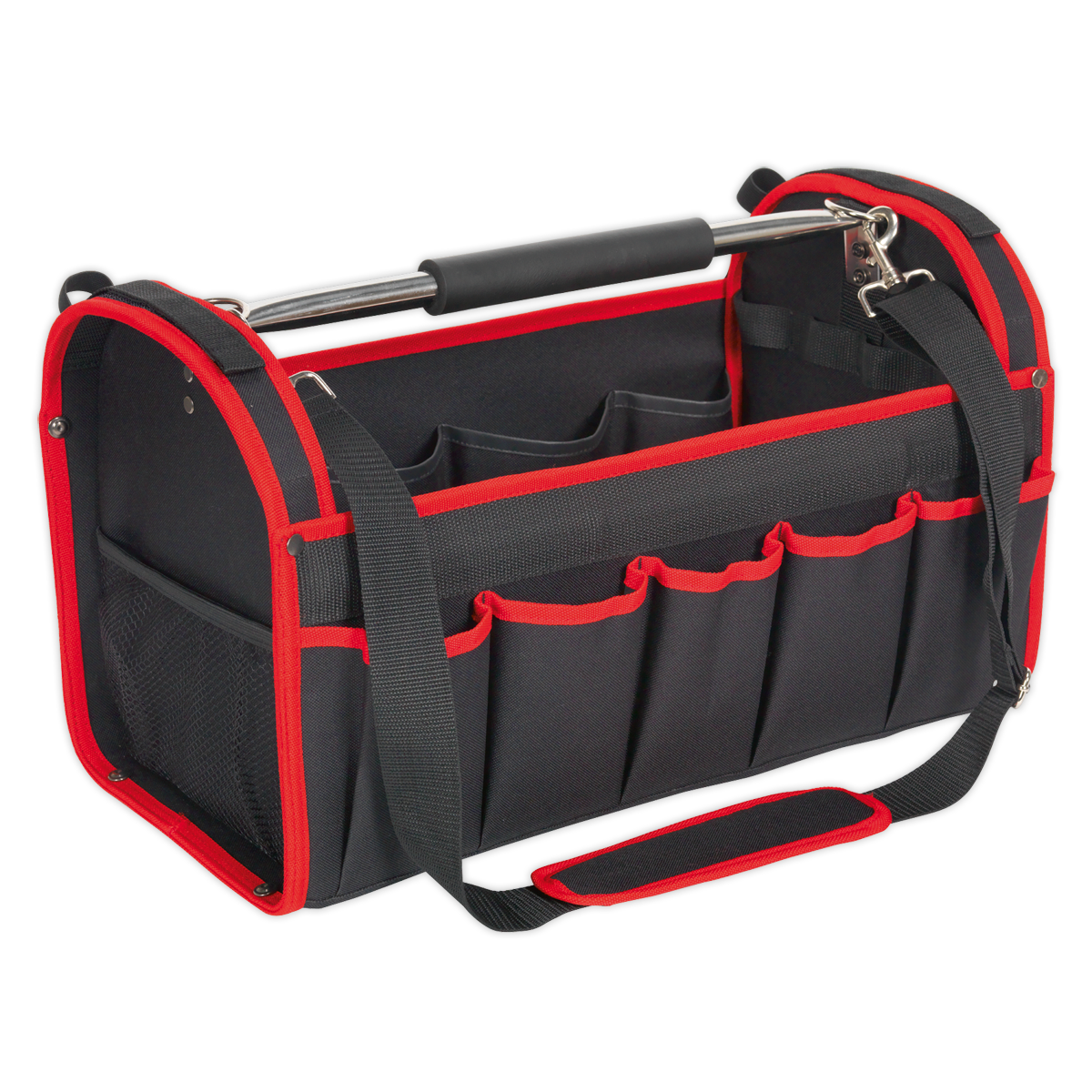 A Sealey Open Tool Storage Bag 500mm - AP505, featuring a black and red heavy-duty design with multiple compartments, an adjustable shoulder strap, external pockets, and a sturdy handle.