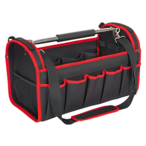 A Sealey Open Tool Storage Bag 500mm - AP505, featuring a black and red heavy-duty design with multiple compartments, an adjustable shoulder strap, external pockets, and a sturdy handle.