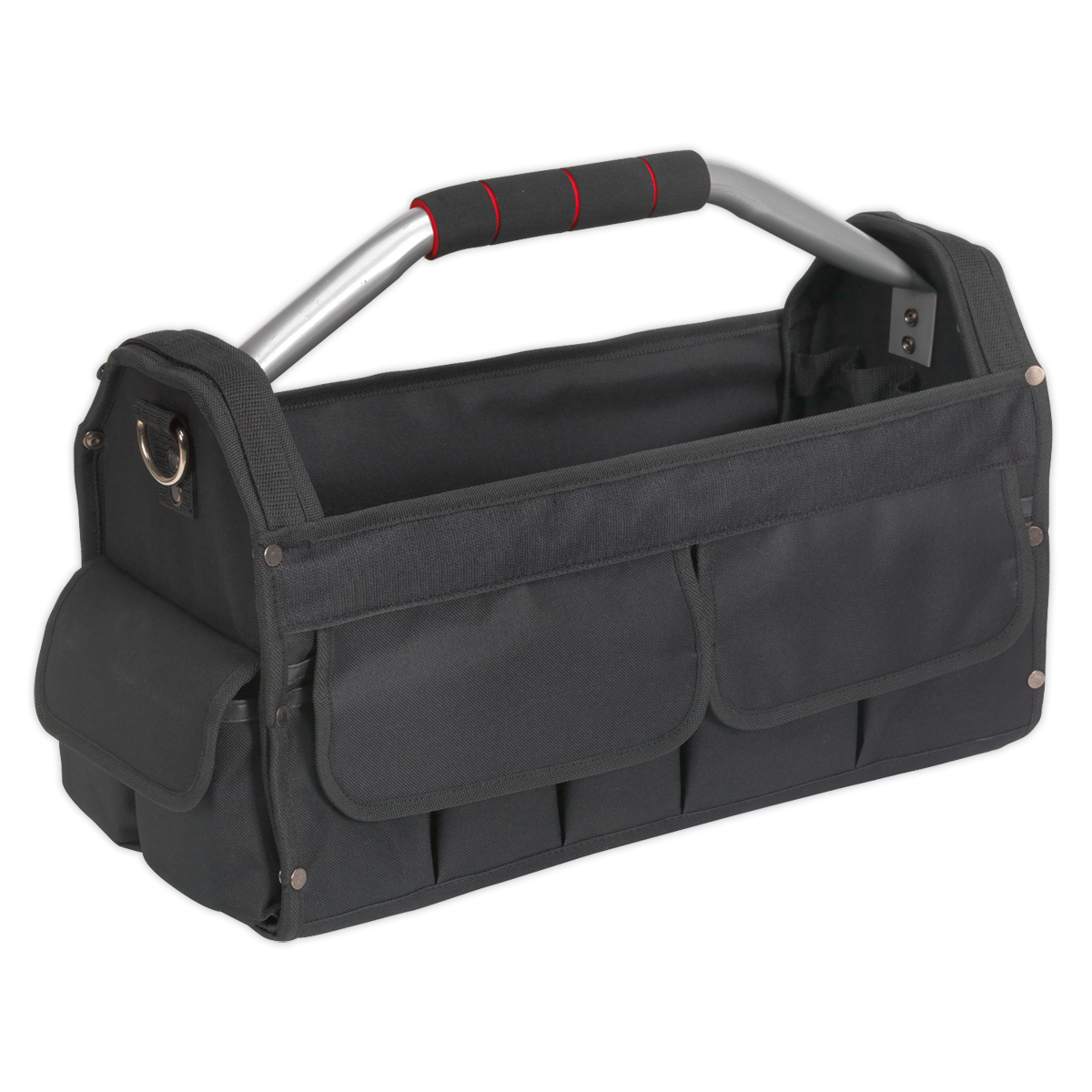 The Tool Storage Bag 485mm - AP507 by Sealey is a heavy-duty tool bag with durable polyester construction, multiple pockets, and a metal handle featuring a red and black grip.