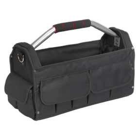 The Tool Storage Bag 485mm - AP507 by Sealey is a heavy-duty tool bag with durable polyester construction, multiple pockets, and a metal handle featuring a red and black grip.