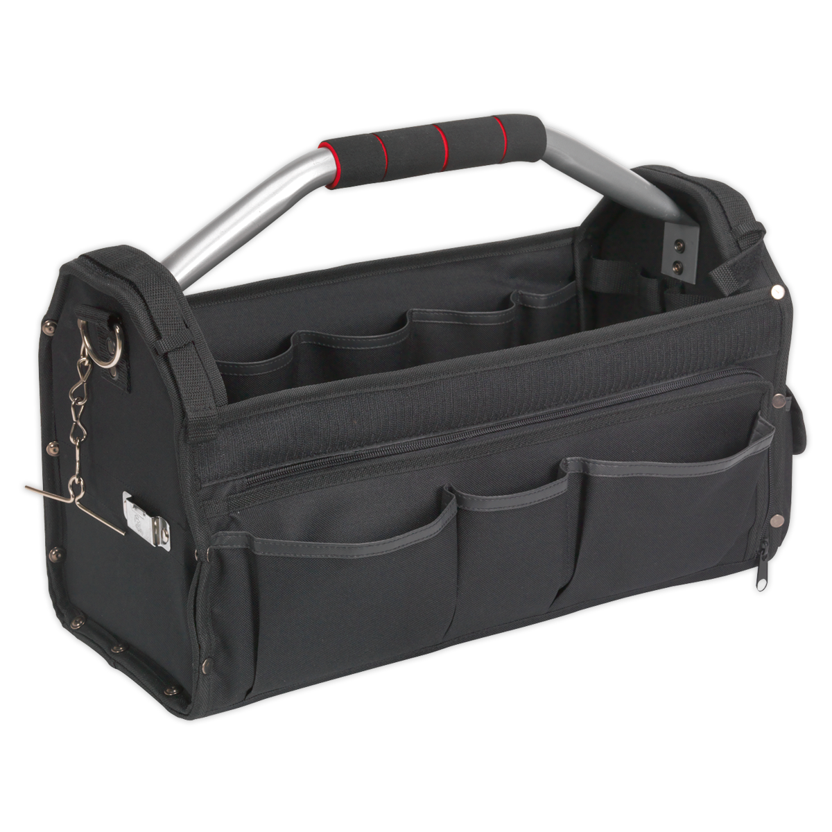 The Sealey Tool Storage Bag 485mm - AP507 is a robust black and gray open-top tool bag made from durable polyester. It features a sturdy metal handle, multiple pockets, and compartments for organizing tools. Additionally, it includes an adjustable shoulder strap for convenient transport.