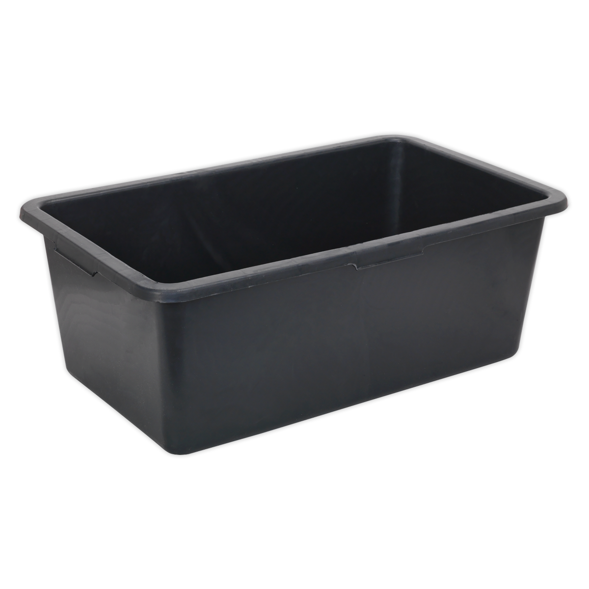 A robust composite storage box, the Sealey Storage Container 80L - AP5080 is a rectangular black plastic bin featuring a slightly flared top edge. Ideal for both industrial and domestic use, it offers versatile storage solutions.