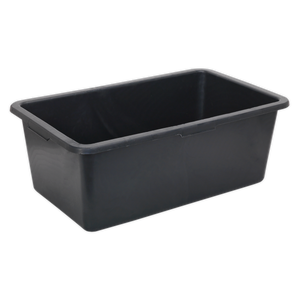 A robust composite storage box, the Sealey Storage Container 80L - AP5080 is a rectangular black plastic bin featuring a slightly flared top edge. Ideal for both industrial and domestic use, it offers versatile storage solutions.