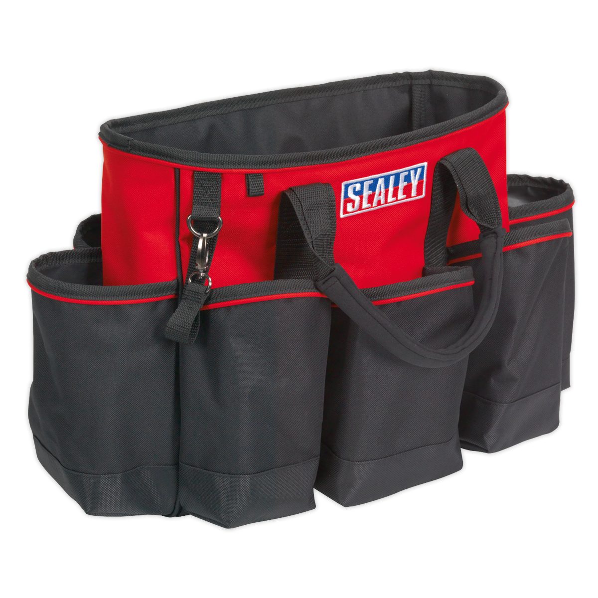 Introducing the Sealey Tool Storage Bag 560mm - AP508, crafted from durable red and black polyester fabric. This bag features multiple pockets and cushioned carry handles for added convenience.