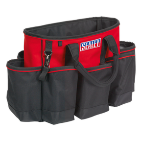 Introducing the Sealey Tool Storage Bag 560mm - AP508, crafted from durable red and black polyester fabric. This bag features multiple pockets and cushioned carry handles for added convenience.