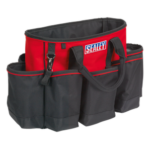 Introducing the Sealey Tool Storage Bag 560mm - AP508, crafted from durable red and black polyester fabric. This bag features multiple pockets and cushioned carry handles for added convenience.