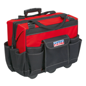 A Sealey Tool Storage Bag on Wheels 450mm Heavy-Duty (AP512) in red and black, featuring multiple exterior pockets, a zipper closure, and strong carry handles.