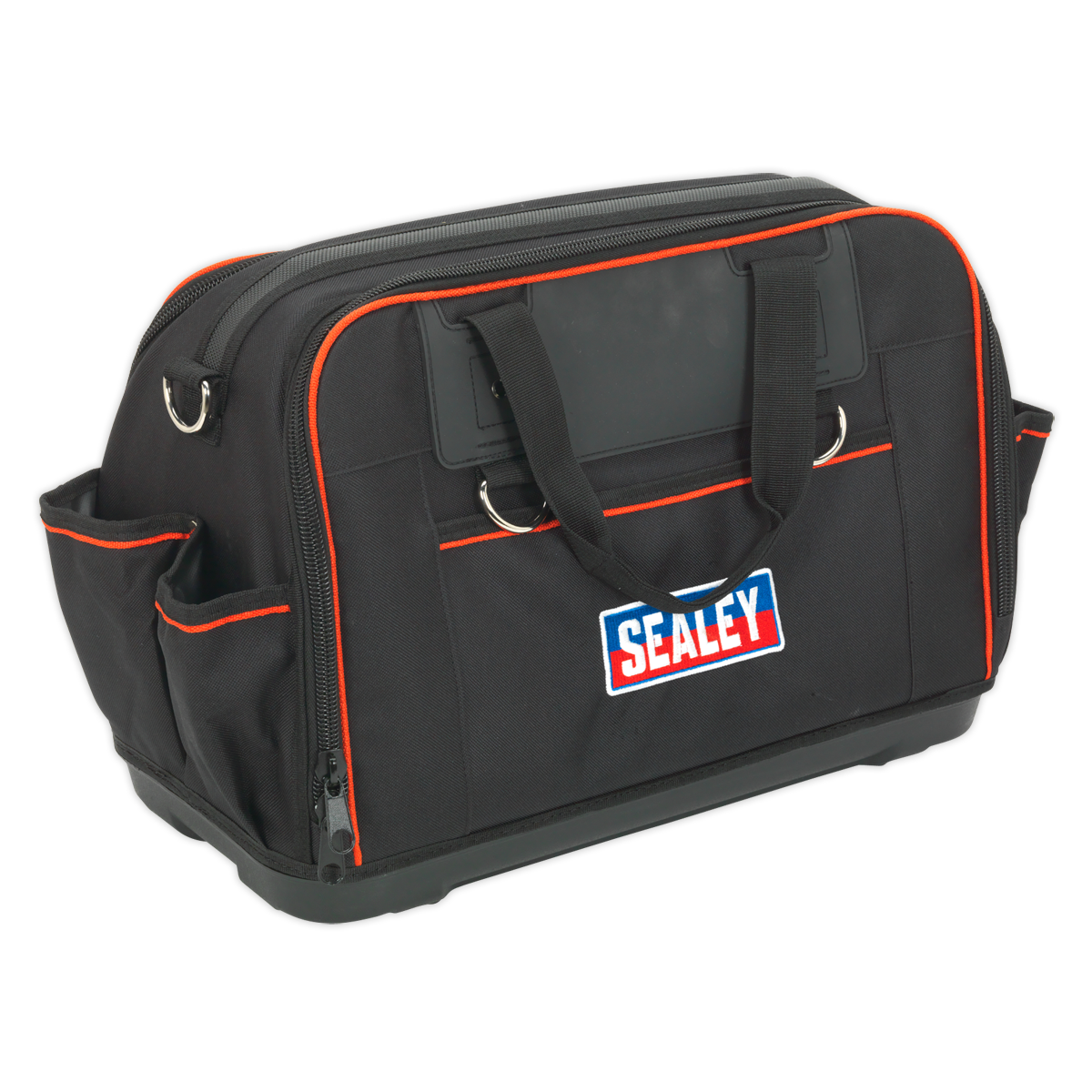 A heavy-duty tool storage bag measuring 500mm, featuring 24 pockets and designed in black with red accents. It includes an adjustable padded shoulder strap and proudly displays the Sealey logo on the front. For added durability, it also boasts a waterproof rubber base.