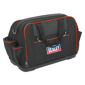 A heavy-duty tool storage bag measuring 500mm, featuring 24 pockets and designed in black with red accents. It includes an adjustable padded shoulder strap and proudly displays the Sealey logo on the front. For added durability, it also boasts a waterproof rubber base.