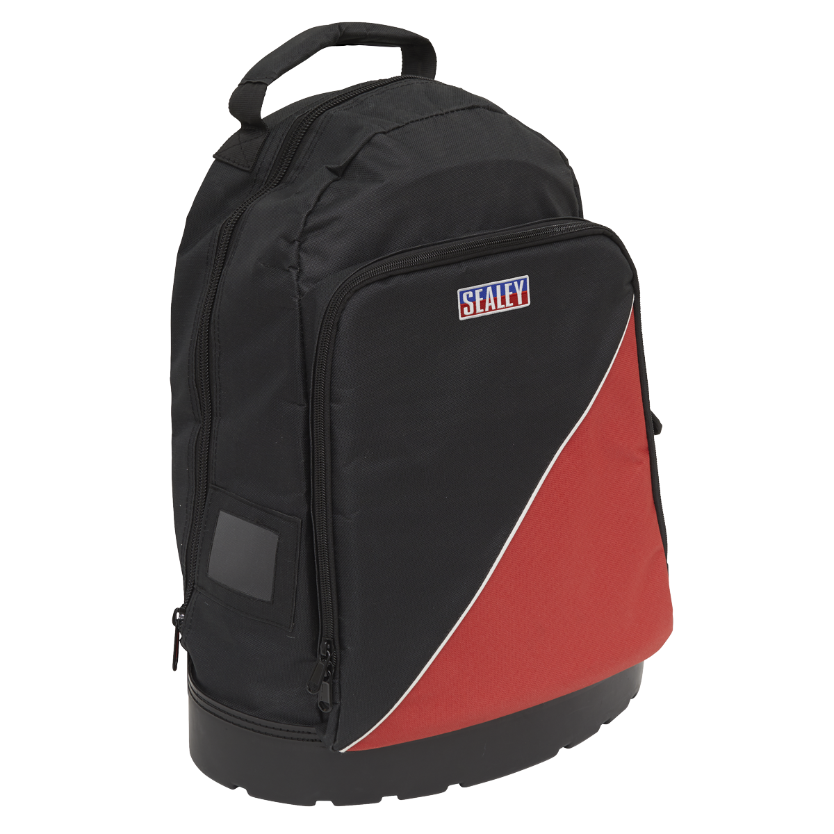 The Sealey Tool Backpack Heavy-Duty 480mm - AP519, designed in black and red, features a front zippered pocket and top handle. Made from durable polyester, this spacious backpack is perfect for tool organization.