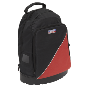 The Sealey Tool Backpack Heavy-Duty 480mm - AP519, designed in black and red, features a front zippered pocket and top handle. Made from durable polyester, this spacious backpack is perfect for tool organization.