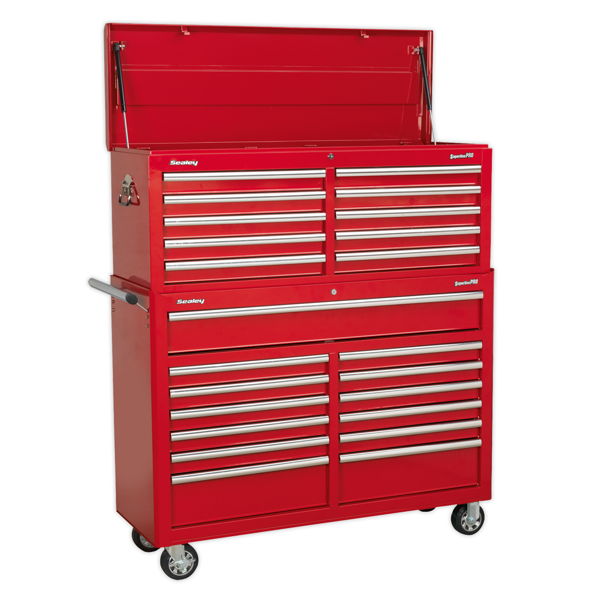 The Sealey Tool Chest Combination 23 Drawer with Ball-Bearing Slides - Red (AP52COMBO1) features a durable rust and solvent resistant powder coat paint, heavy-duty ball-bearing drawer slides, handles on the sides, wheels for mobility, multiple drawers, and a top compartment.