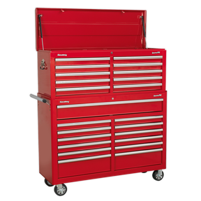 The Sealey Tool Chest Combination 23 Drawer with Ball-Bearing Slides - Red (AP52COMBO1) features a durable rust and solvent resistant powder coat paint, heavy-duty ball-bearing drawer slides, handles on the sides, wheels for mobility, multiple drawers, and a top compartment.