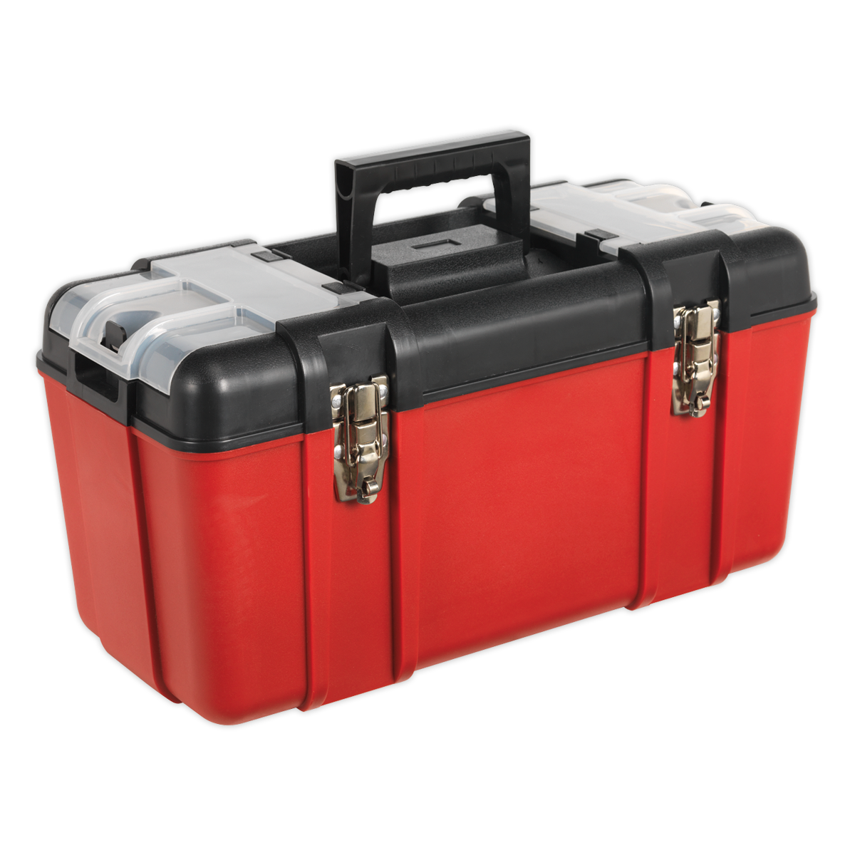 The Sealey Toolbox 495mm with Tote Tray - AP535 is a durable red and black plastic toolbox featuring a convenient handle on top and two secure metal locking clasps on the front. The lid includes transparent compartments ideal for storing small items, making it perfect for organizing hand tools or small power tools.